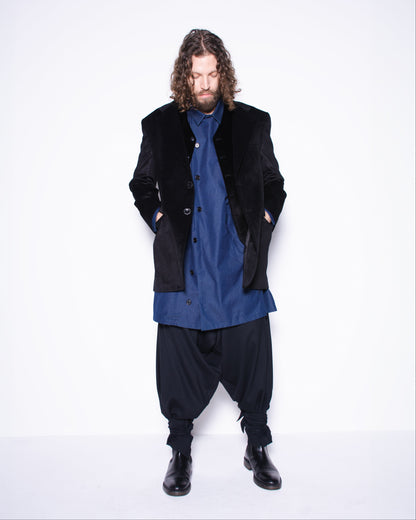 MG WIDE BLACK DRAPED WOOL TROUSERS WITH STRAPS