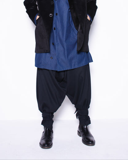 MG WIDE BLACK DRAPED WOOL TROUSERS WITH STRAPS