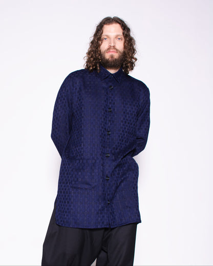 BLUE BLACK TEXTURIZED COTTON BUTTONED SHIRT