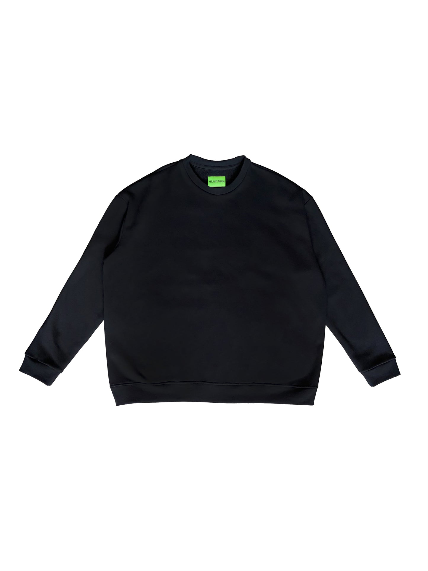 Black sweatshirt with a small green logo on a white background