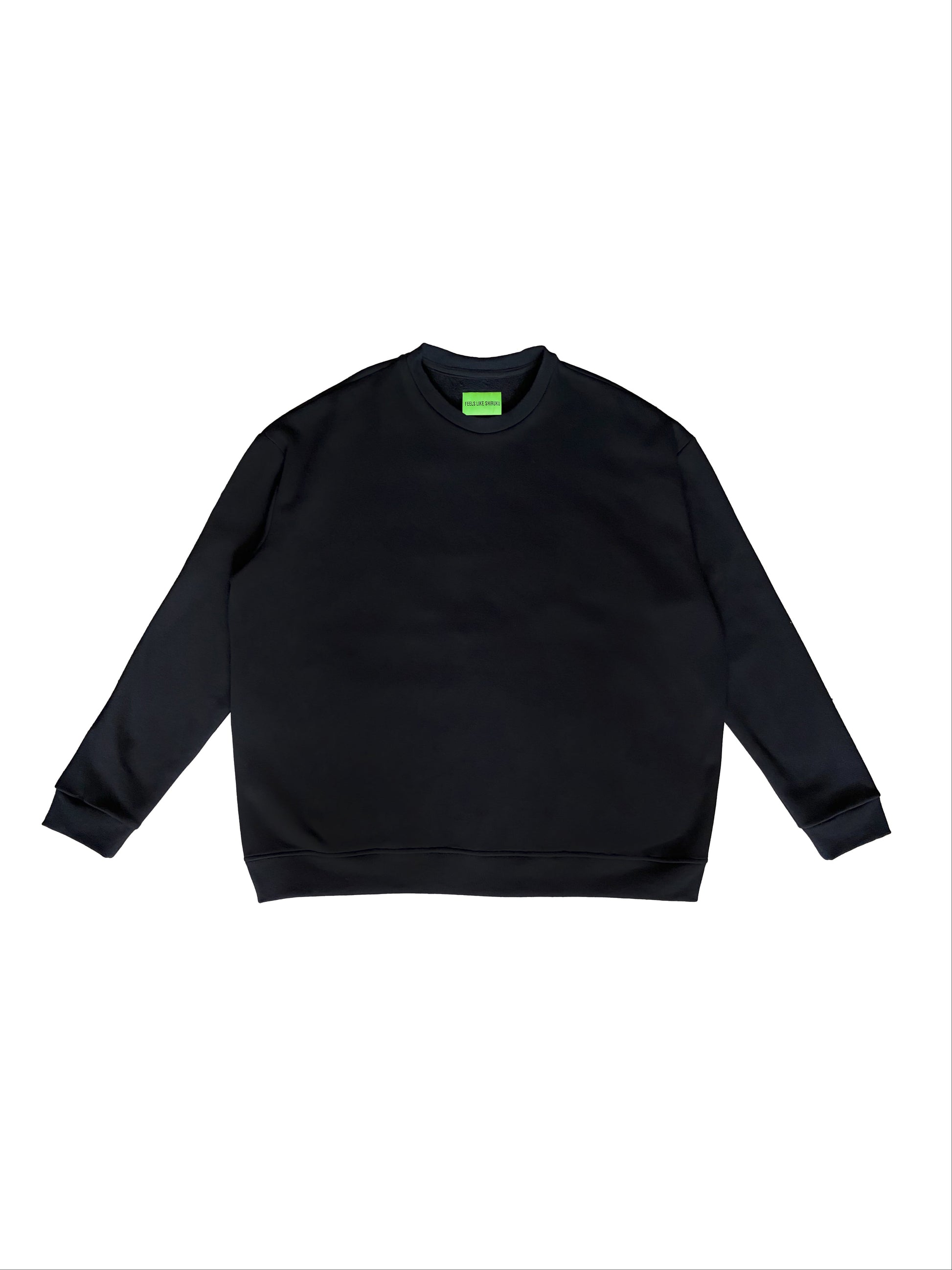Black sweatshirt with a small green logo on a white background