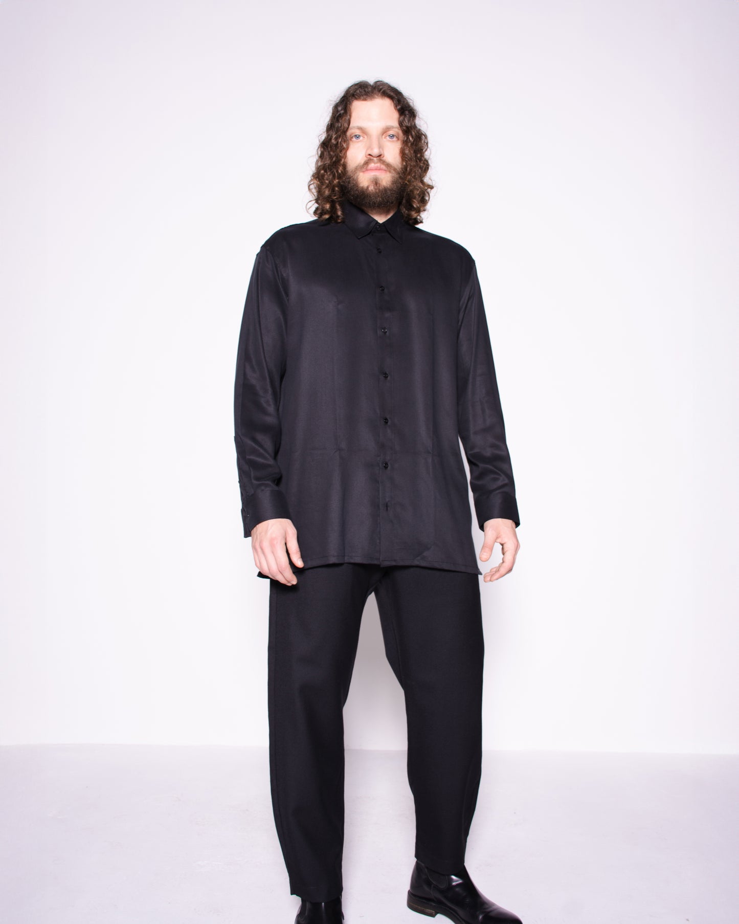 SILK AND COTTON BLACK  BUTTONED SHIRT