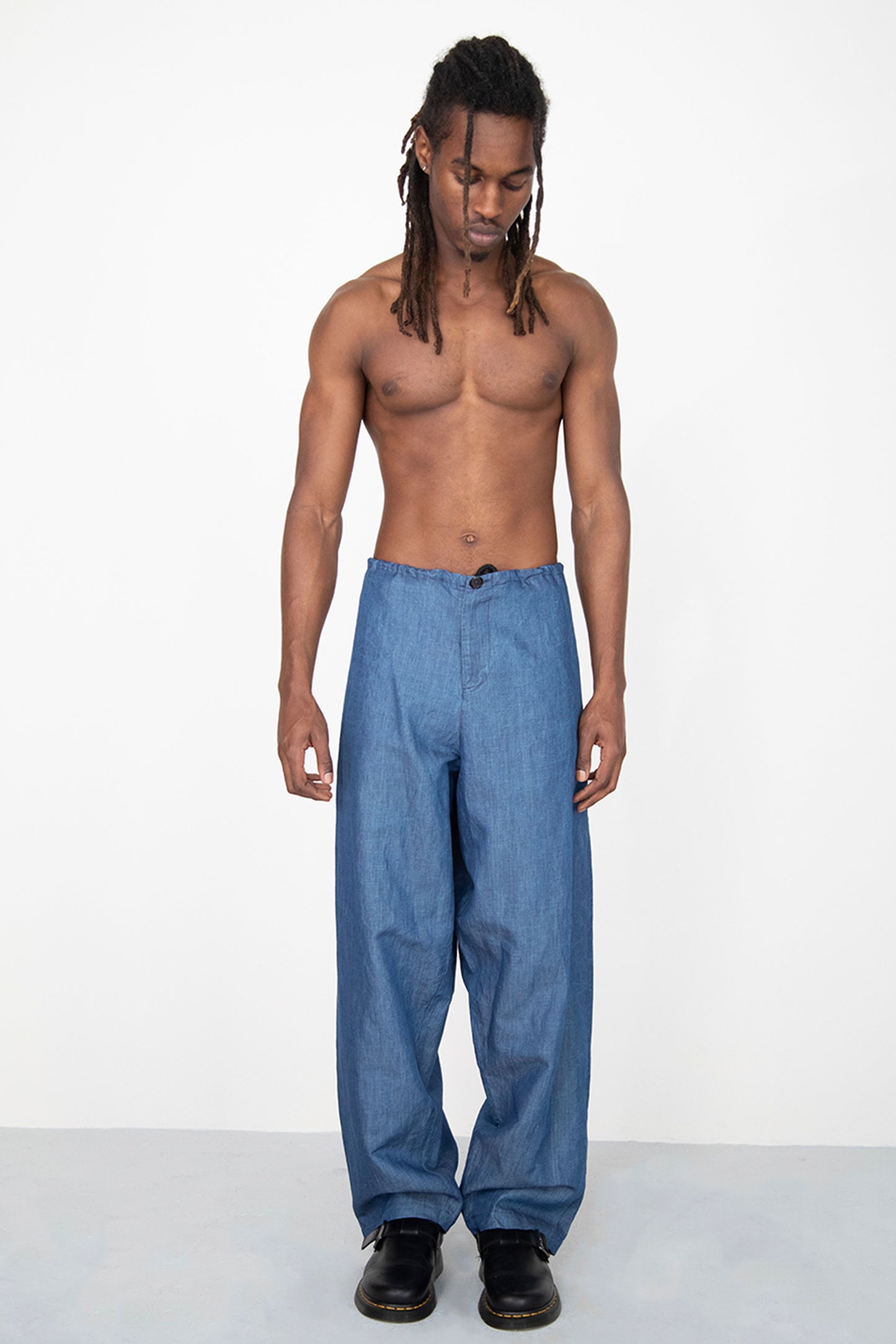 WIDE DRAPED WASHED BLACK LINEN DENIM TROUSERS WITH ROPE
