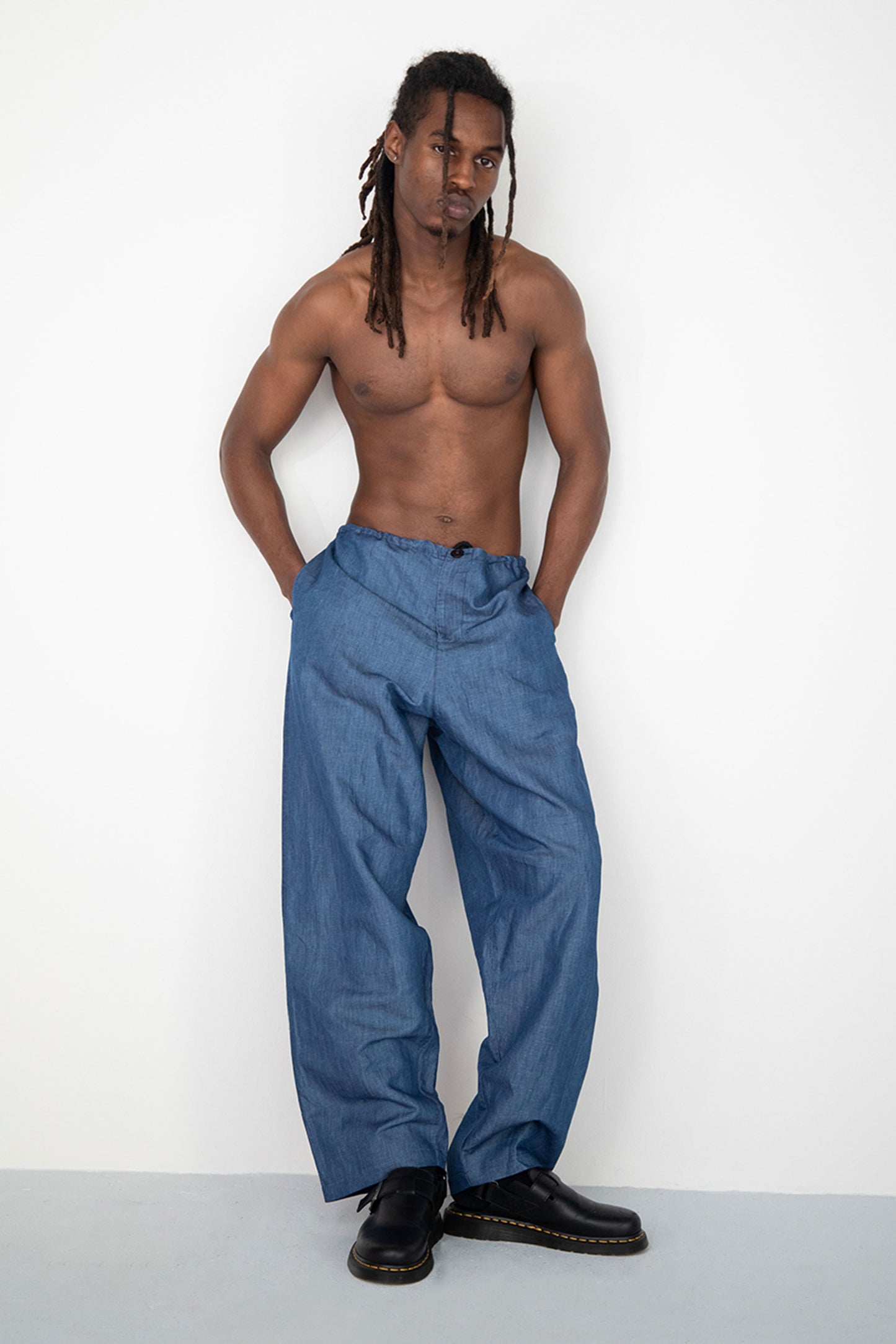 WIDE DRAPED WASHED BLACK LINEN DENIM TROUSERS WITH ROPE
