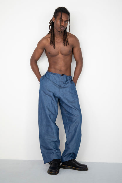WIDE DRAPED WASHED BLACK LINEN DENIM TROUSERS WITH ROPE