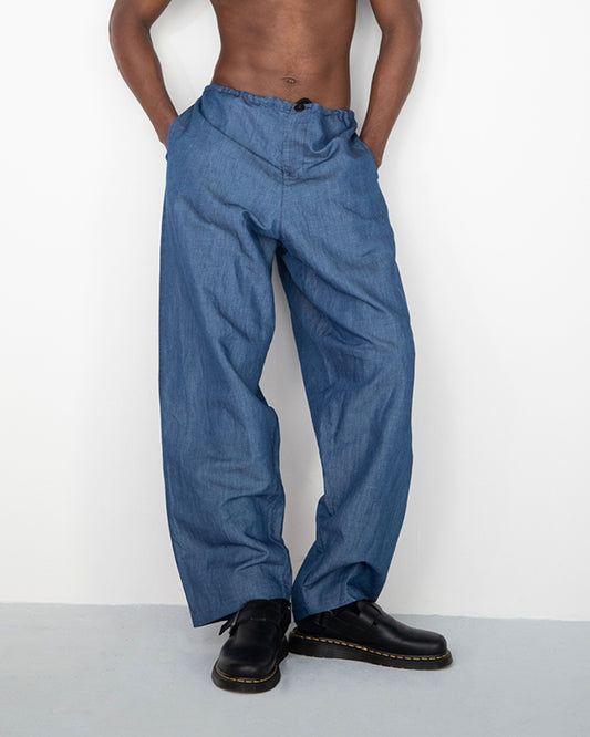 WIDE DRAPED WASHED BLUE LINEN DENIM TROUSERS WITH ROPE