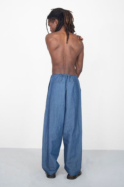WIDE DRAPED WASHED BLACK LINEN DENIM TROUSERS WITH ROPE
