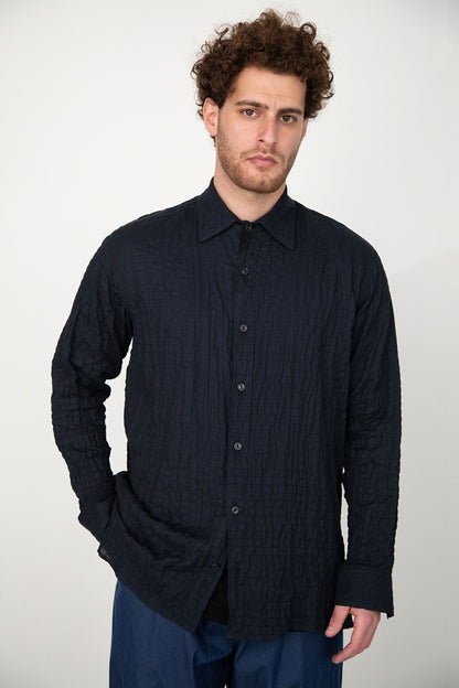 CRINKLED NAVY BLUE COTTON SHIRT