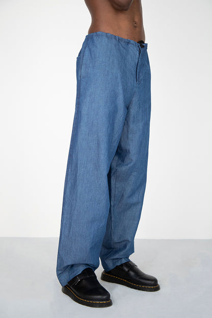 WIDE DRAPED WASHED BLACK LINEN DENIM TROUSERS WITH ROPE