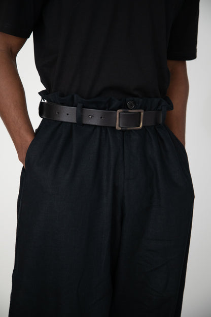 BLACK CONCEALED WAIST WIDE LINEN TROUSERS