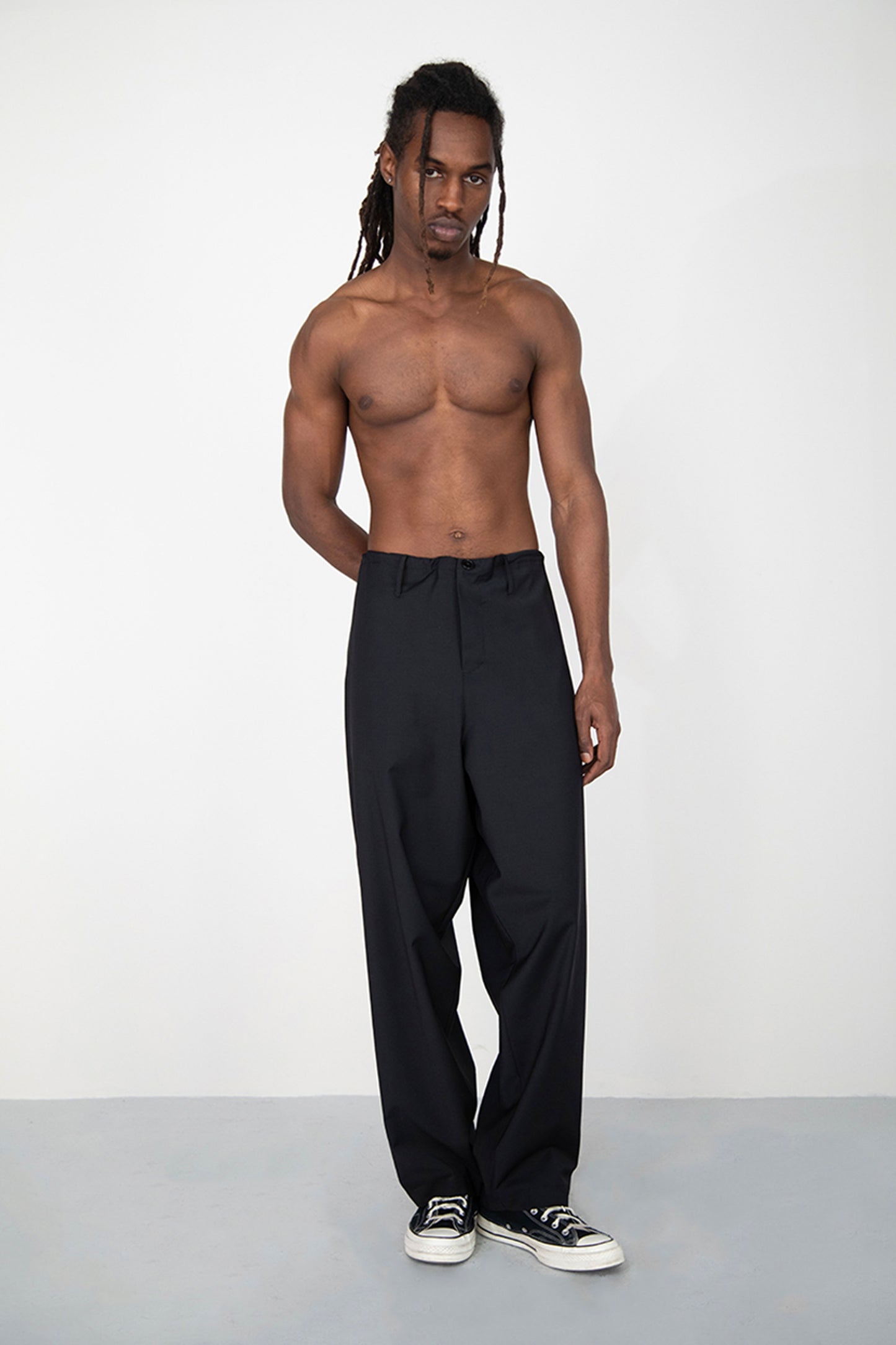 WIDE DRAPED BLACK SUMMER WOOL TROUSERS WITH ROPE