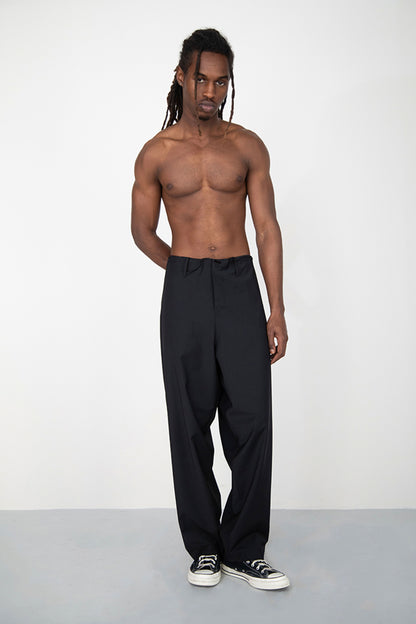 WIDE DRAPED BLACK SUMMER WOOL TROUSERS WITH ROPE