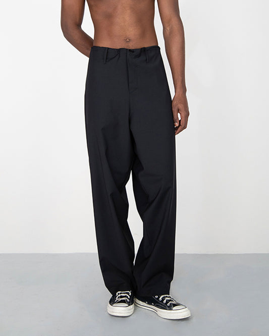 WIDE DRAPED BLACK SUMMER WOOL TROUSERS WITH ROPE