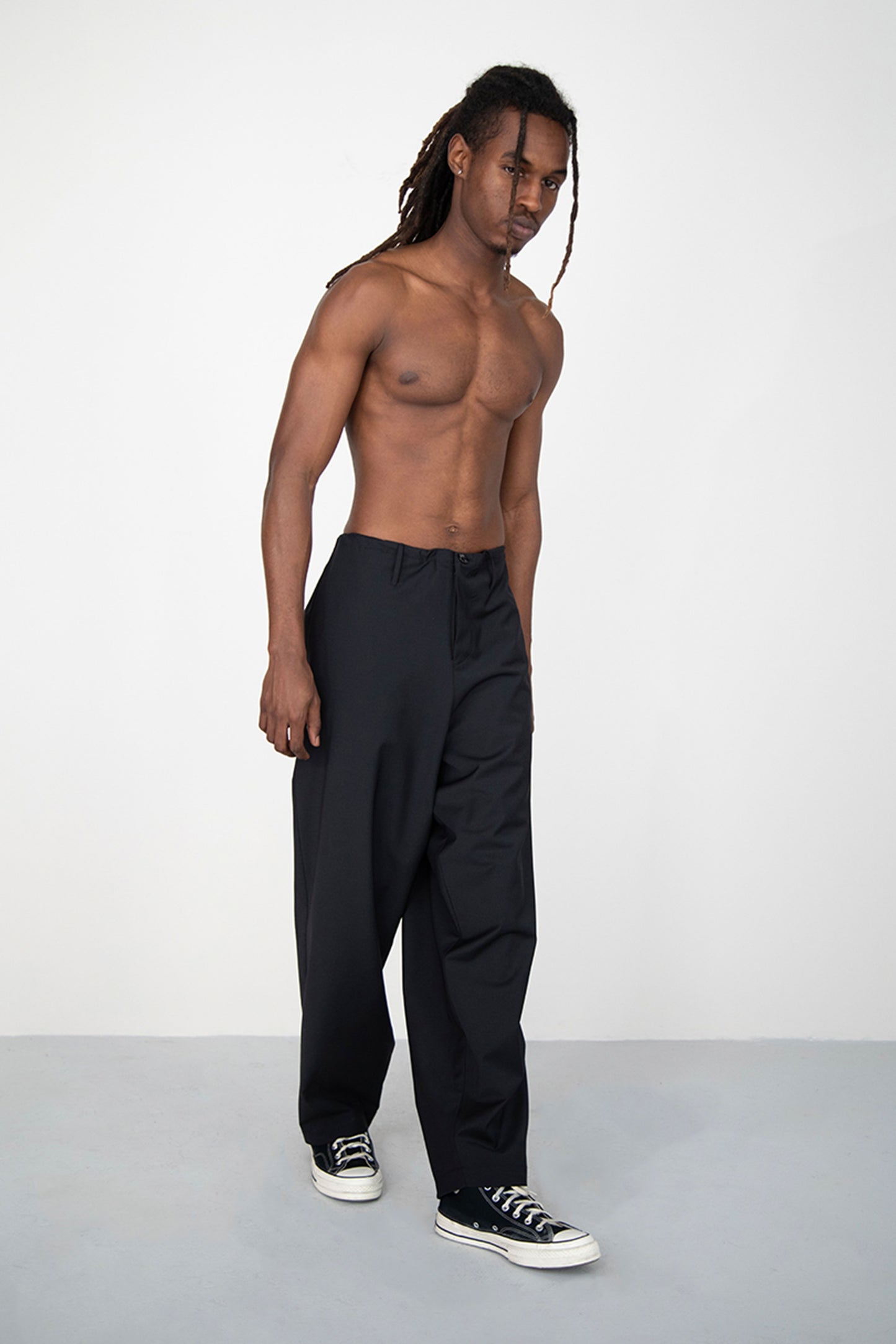 WIDE DRAPED BLACK SUMMER WOOL TROUSERS WITH ROPE