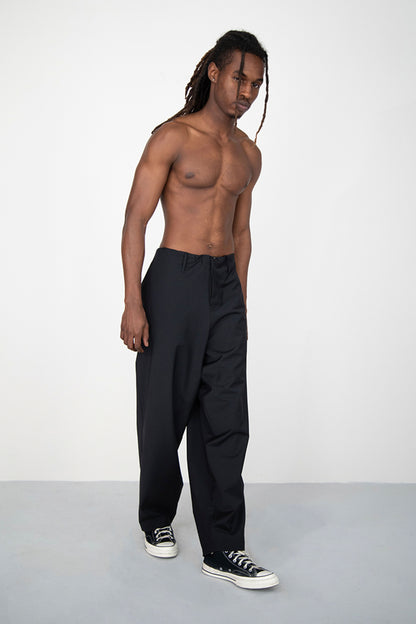 WIDE DRAPED BLACK SUMMER WOOL TROUSERS WITH ROPE