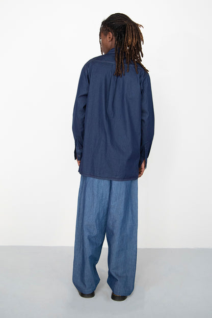 WIDE DRAPED WASHED BLACK LINEN DENIM TROUSERS WITH ROPE