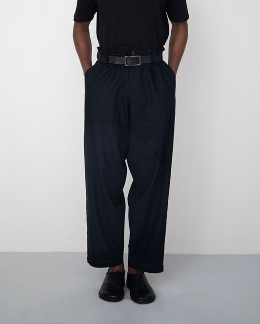 BLACK CONCEALED WAIST WIDE LINEN TROUSERS
