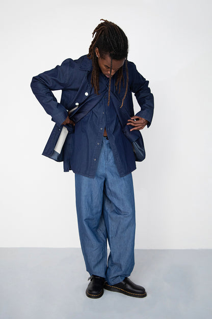 WIDE DRAPED WASHED BLACK LINEN DENIM TROUSERS WITH ROPE