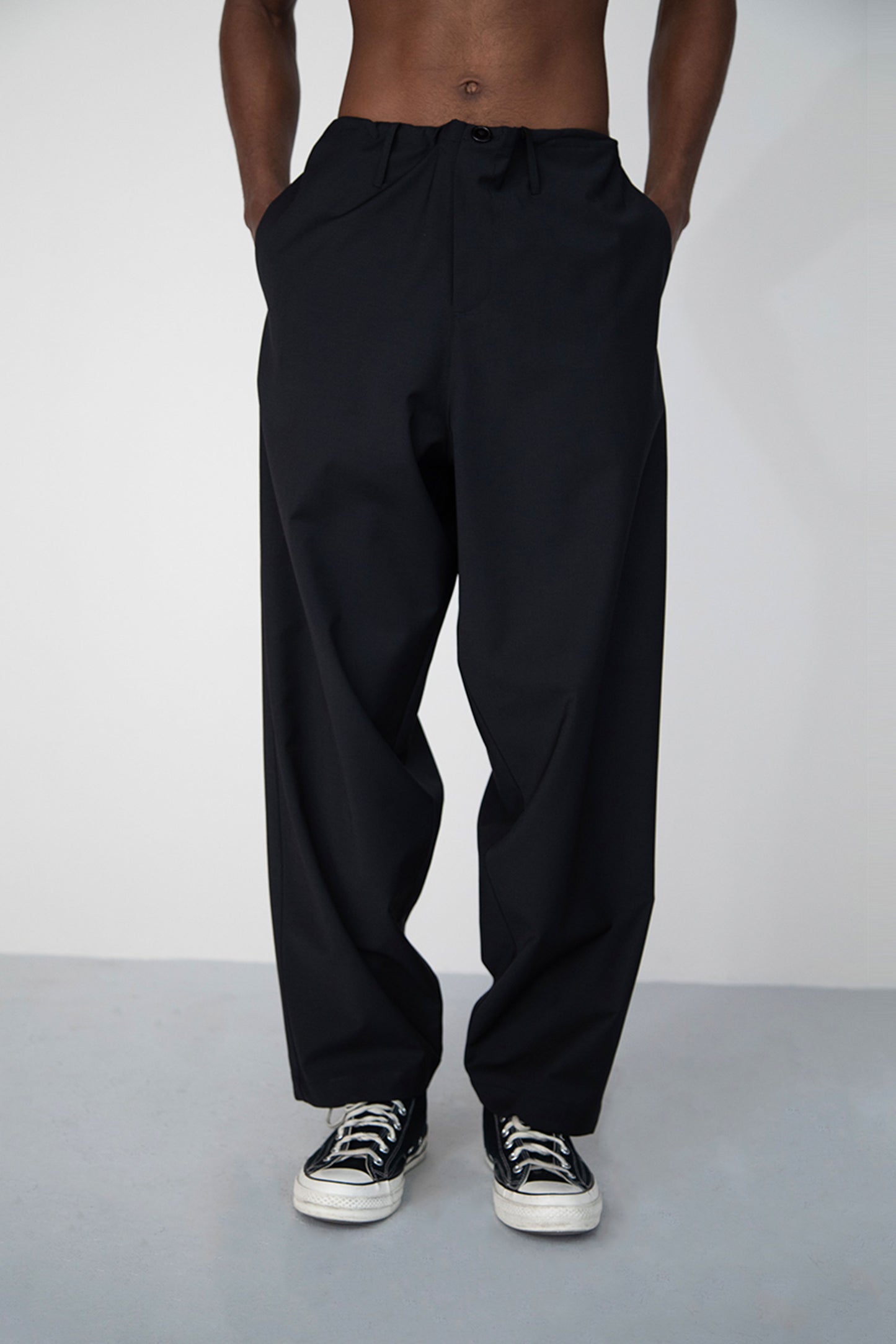WIDE DRAPED BLACK SUMMER WOOL TROUSERS WITH ROPE