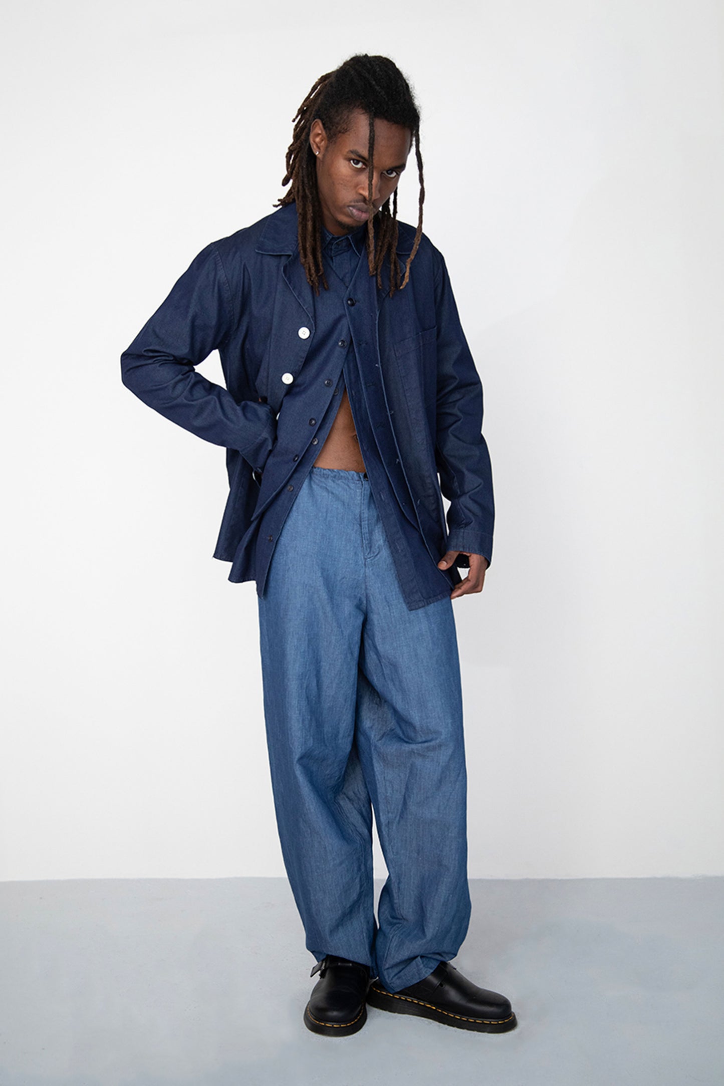 WIDE DRAPED WASHED BLACK LINEN DENIM TROUSERS WITH ROPE