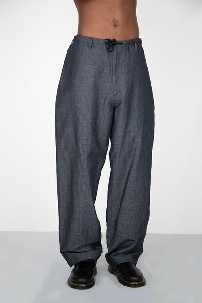 WIDE DRAPED WASHED BLACK LINEN DENIM TROUSERS WITH ROPE