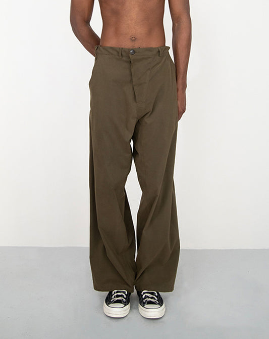 CONSTRUCTED KAKI TROUSERS WITH DIAGONAL BUTTONED FLY