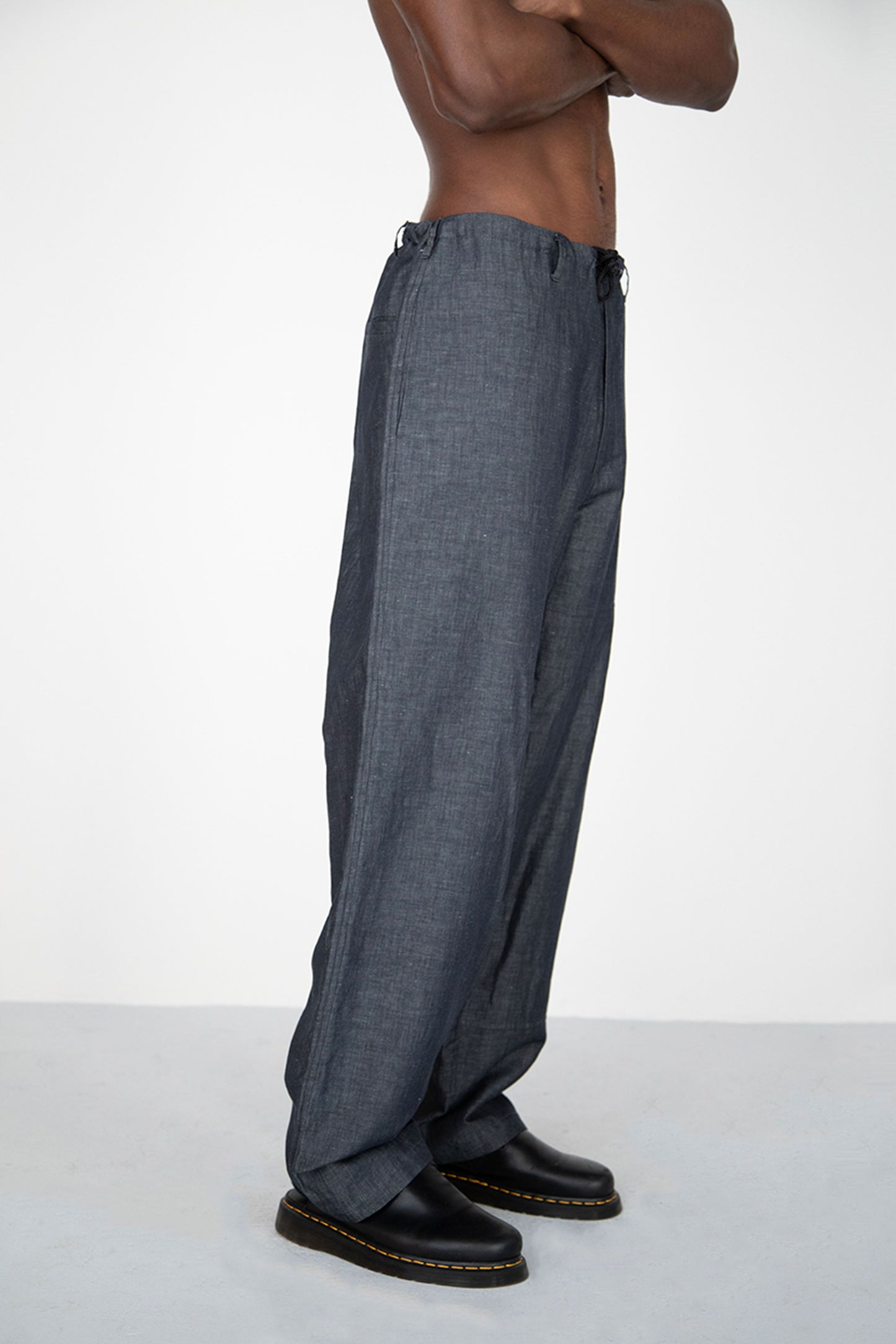 WIDE DRAPED WASHED BLACK LINEN DENIM TROUSERS WITH ROPE