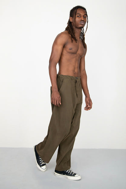 CONSTRUCTED KAKI TROUSERS WITH DIAGONAL BUTTONED FLY