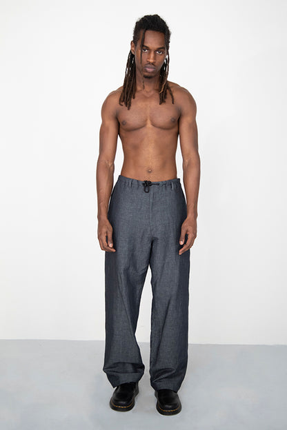 WIDE DRAPED WASHED BLACK LINEN DENIM TROUSERS WITH ROPE