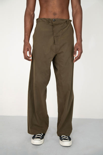 CONSTRUCTED KAKI TROUSERS WITH DIAGONAL BUTTONED FLY