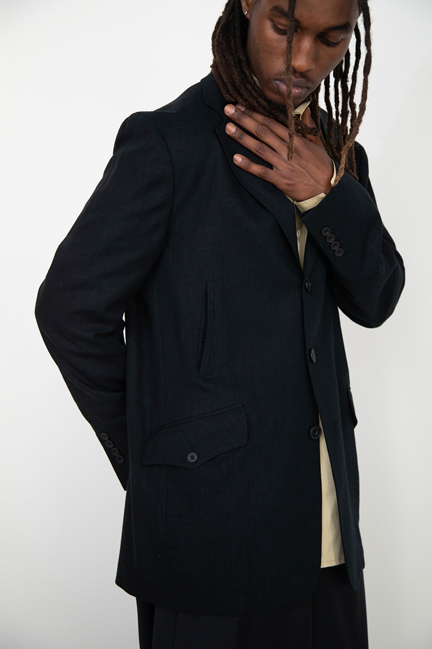 BLACK LINEN COTTON RELAXED NOTCH LAPEL JACKET