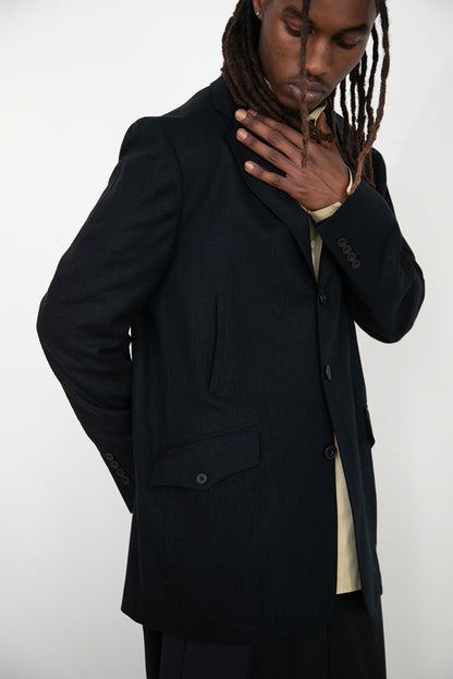 BLACK LINEN COTTON RELAXED NOTCH LAPEL JACKET