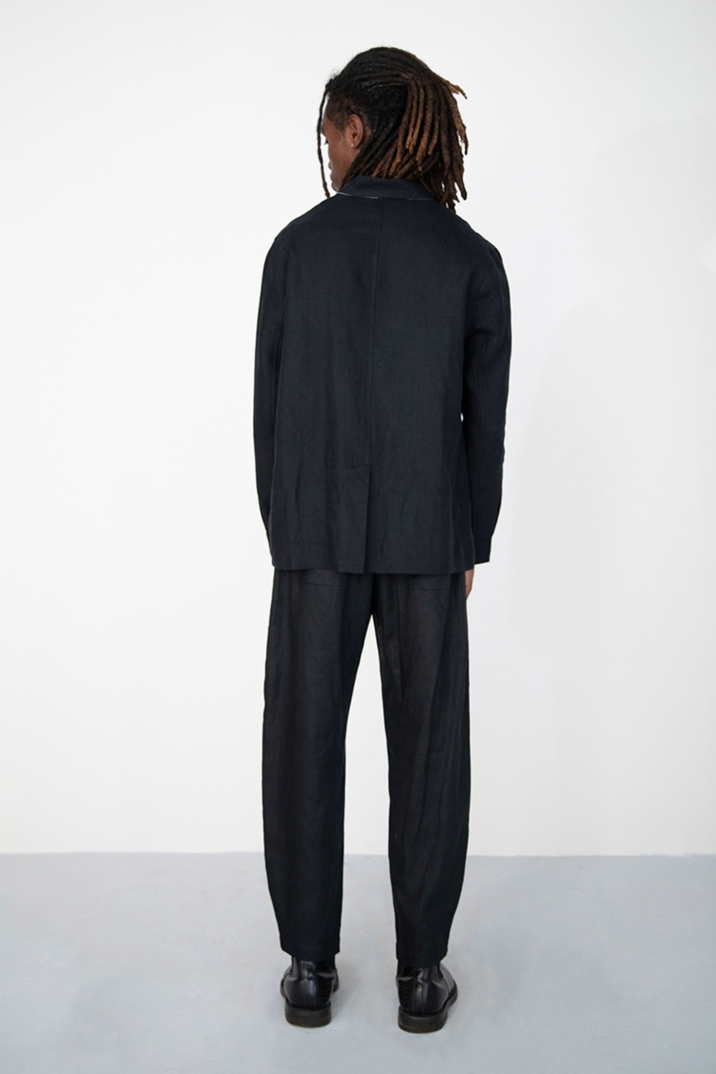 BLACK LINEN COTTON ANGLED HEM TROUSERS WITH BUTTON