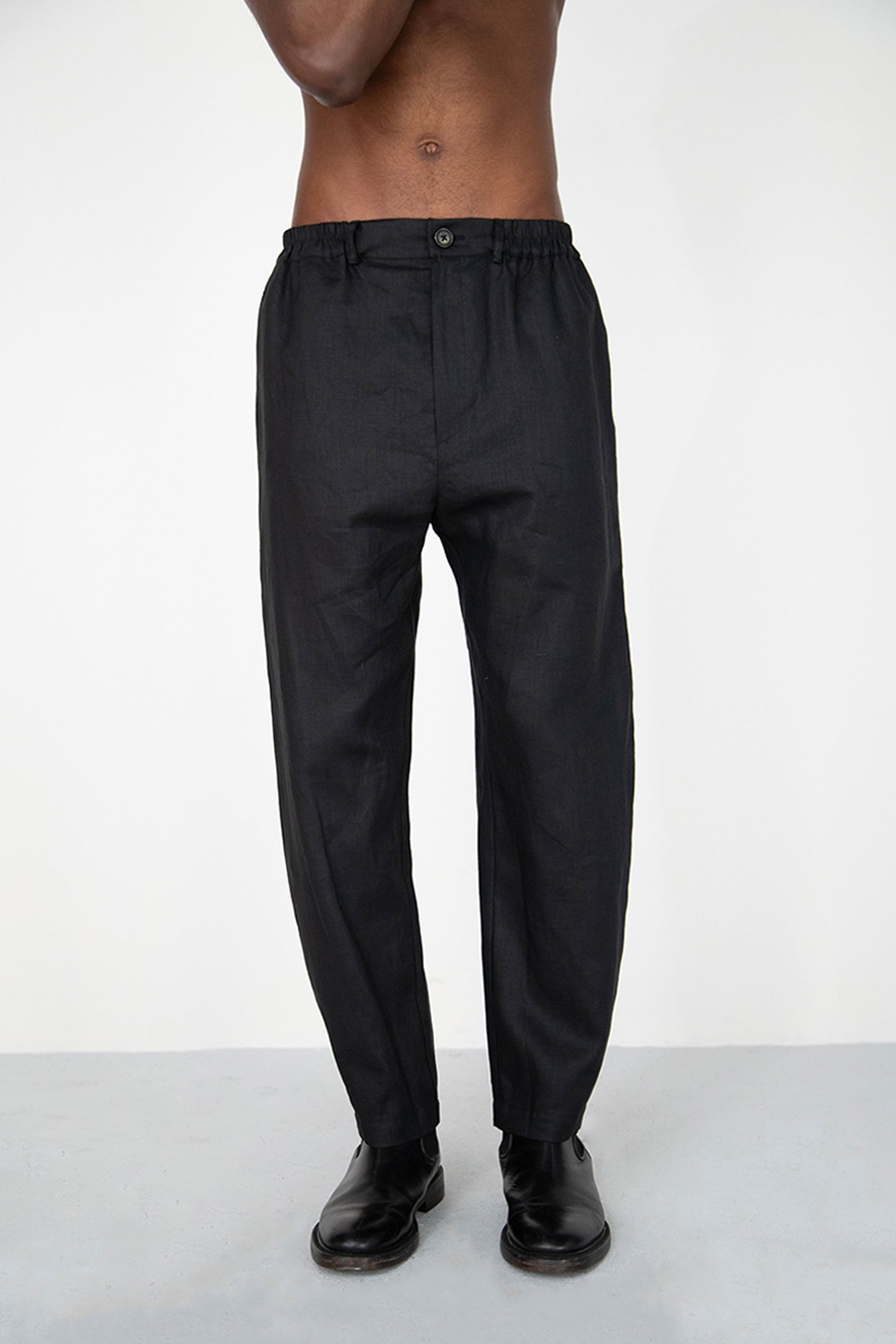 BLACK LINEN COTTON ANGLED HEM TROUSERS WITH BUTTON
