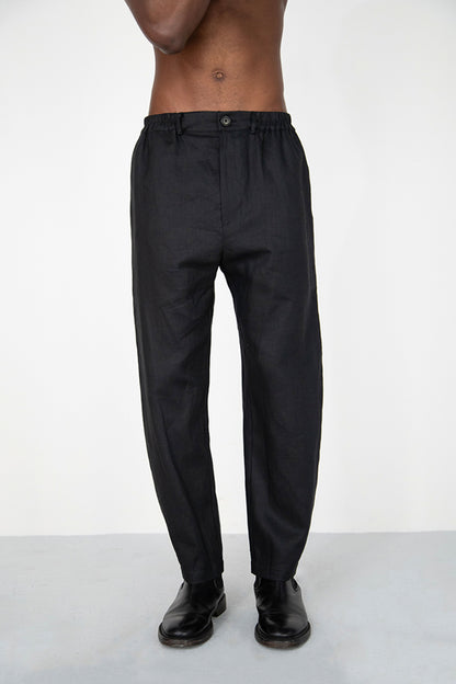 BLACK LINEN COTTON ANGLED HEM TROUSERS WITH BUTTON