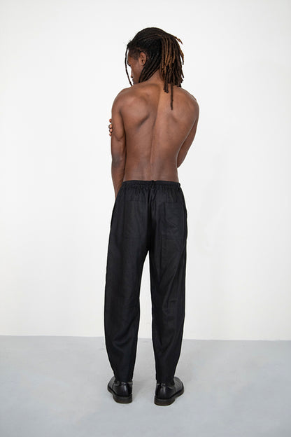 BLACK LINEN COTTON ANGLED HEM TROUSERS WITH BUTTON