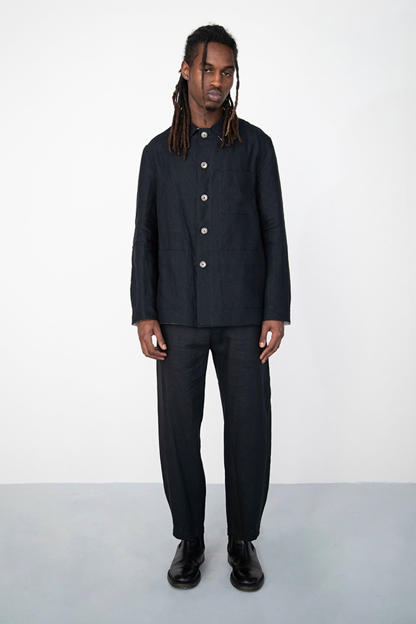BLACK LINEN COTTON ANGLED HEM TROUSERS WITH BUTTON