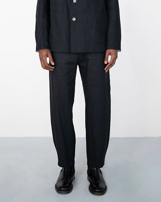 BLACK LINEN COTTON ANGLED HEM TROUSERS WITH BUTTON