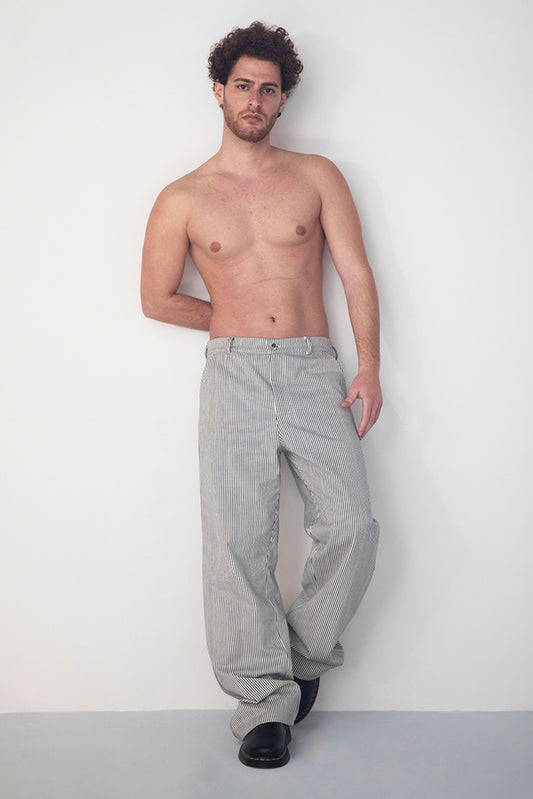 WASHED WHITE NAVY STRIPED DENIM TROUSERS