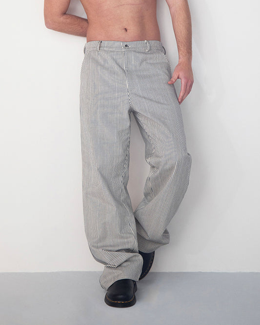 WASHED WHITE NAVY STRIPED DENIM TROUSERS