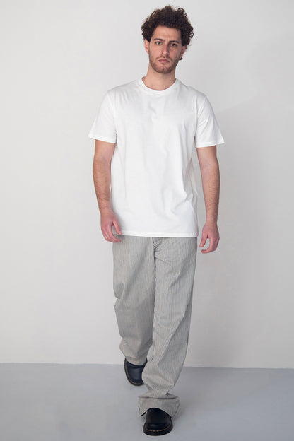 WASHED WHITE NAVY STRIPED DENIM TROUSERS