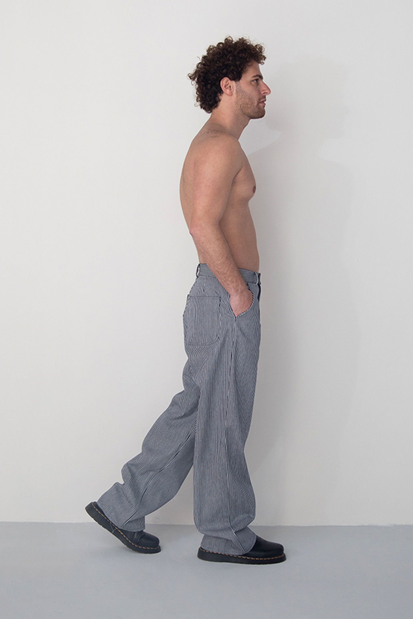 WASHED NAVY WHITE STRIPED DENIM TROUSERS