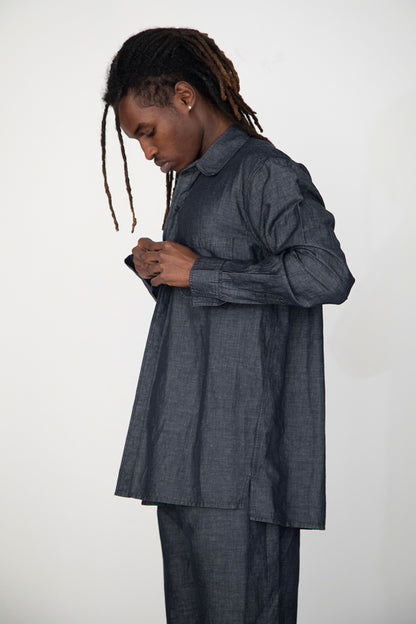 WASHED BLACK LINEN DENIM SHIRT