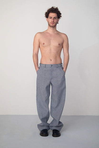WASHED NAVY WHITE STRIPED DENIM TROUSERS