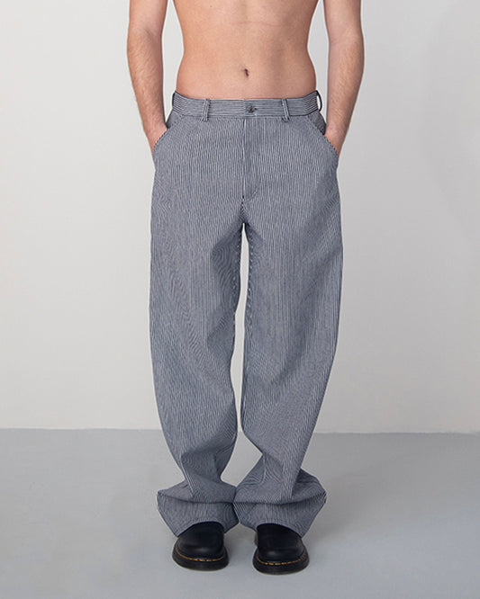 WASHED NAVY WHITE STRIPED DENIM TROUSERS