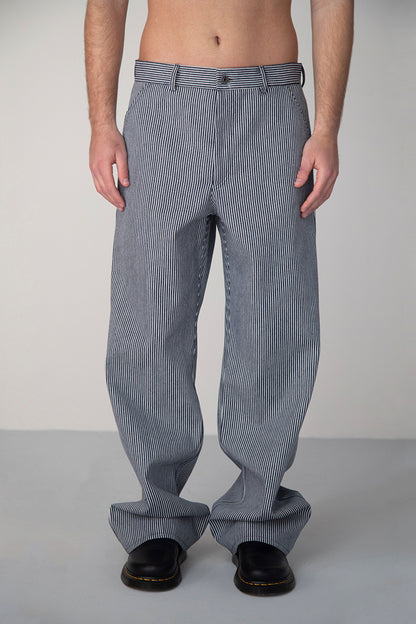 WASHED NAVY WHITE STRIPED DENIM TROUSERS